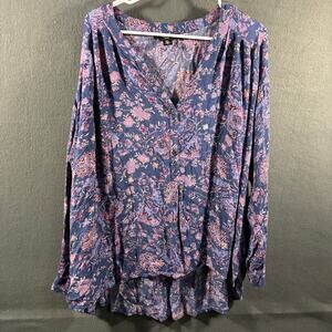 nine west women peasant top XXL blue boho floral western cottagecore paisley